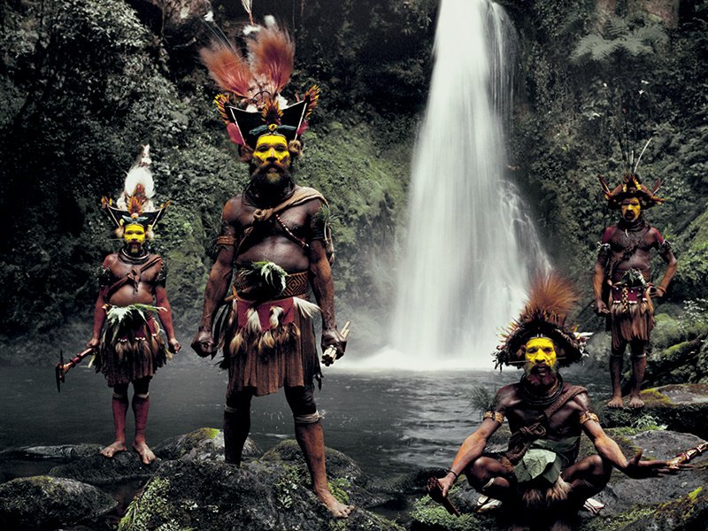 Huli Wig Men at the Ambua Falls, in the Tari Valley, Papua New Guinea, photographed with a plate camera. Of digital cameras, Jimmy Nelson says, "invariably, you never really make that true contact" with the subject. Photograph: © Jimmy Nelson Pictures BV