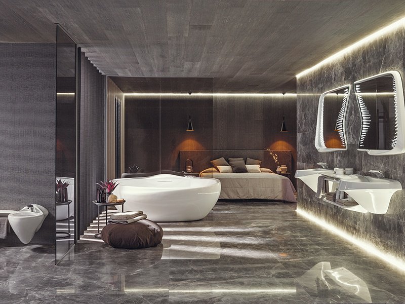The curvaceous Vitae collection was designed by Zaha Hadid and Patrik Schumacher for Porcelanosa.