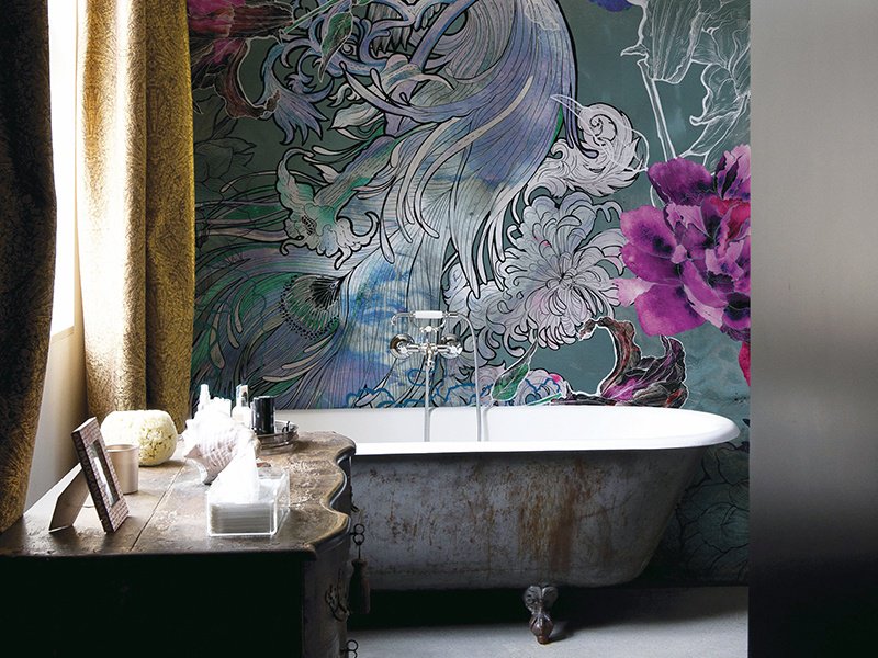 Introduce decorative visuals with Wall & Decò’s waterproof wallpaper. Designs range from abstract patterns to illustrative pieces, such as the floral Mystical Dream, pictured here.