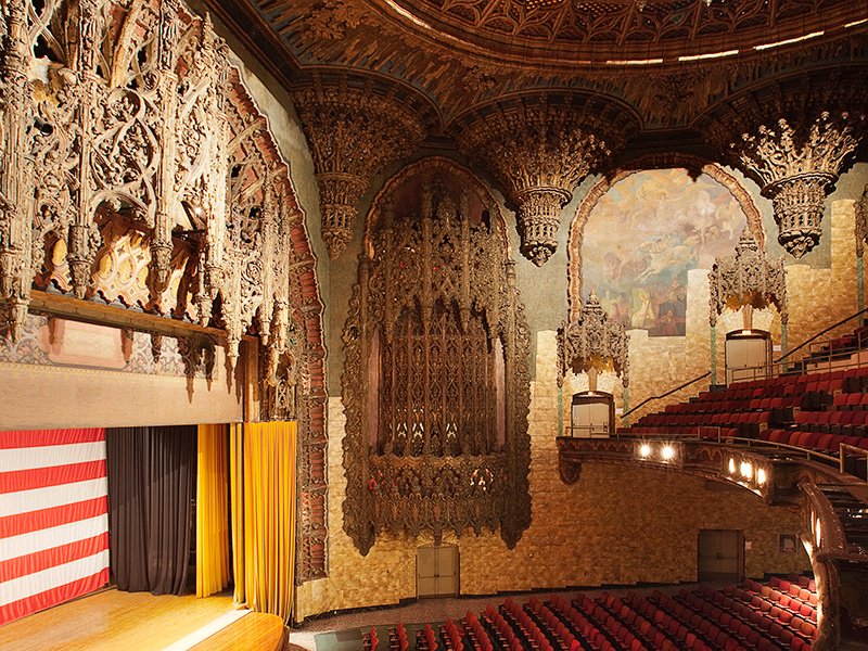 The Theatre at Ace Hotel was renovated in the intricate Spanish Gothic style in 1927. It now hosts concerts, movie premieres, conferences, symposiums, and other performances. Photograph: Spencer Lowell
