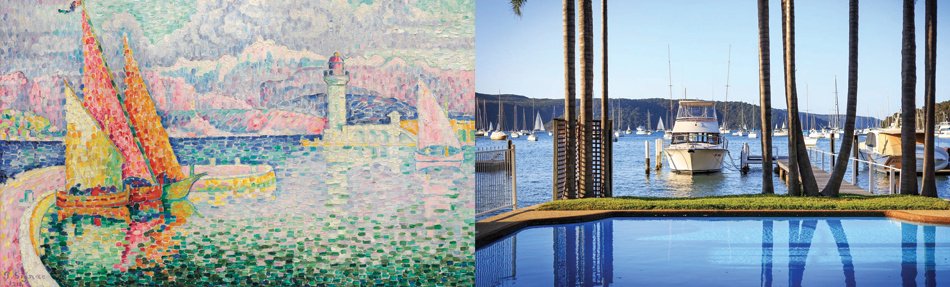 Left: LE MUSIOR (PORT D’ANTIBES)Paul Signacoil on canvasPrice realized $3,943,500 USDRight: PARADISE ON THE WATER: ‘LA DOLCE VITA’Classic Mediterranean home overlooking PittwaterSydney, AustraliaAsking price: POA