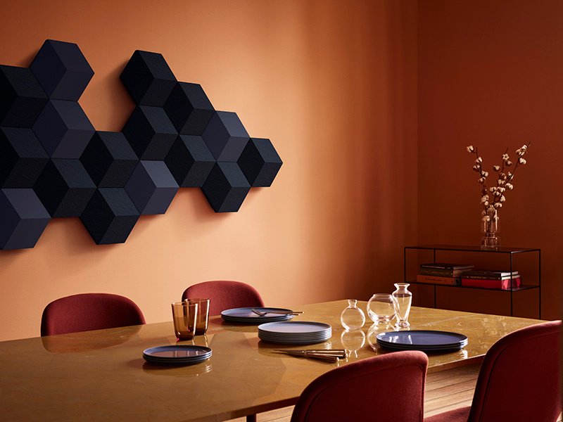 Bang & Olufsen’s modular BeoSound Shape speaker system evokes a sense of natural beauty and can be arranged in nearly endless combinations of colors, shapes, and sizes.