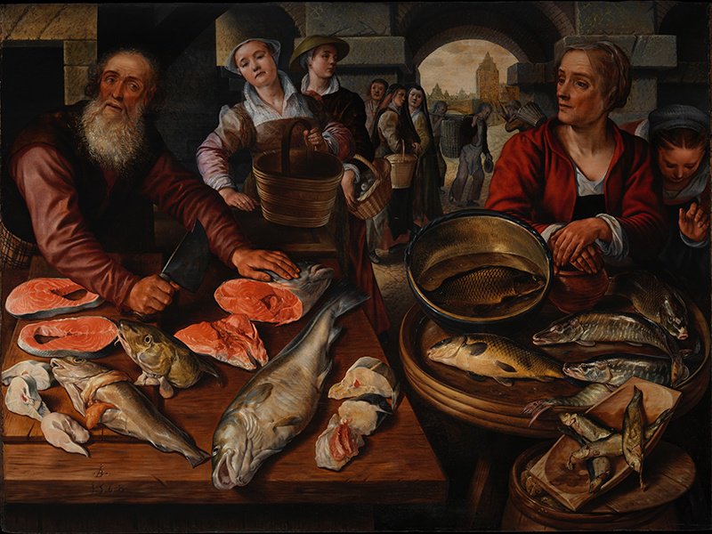 Joachim Beuckelaer’s Fish Market (1568) represents a change in the way still-life paintings were created—with Beuckelaer rejecting the trend of capturing purely religious themes.