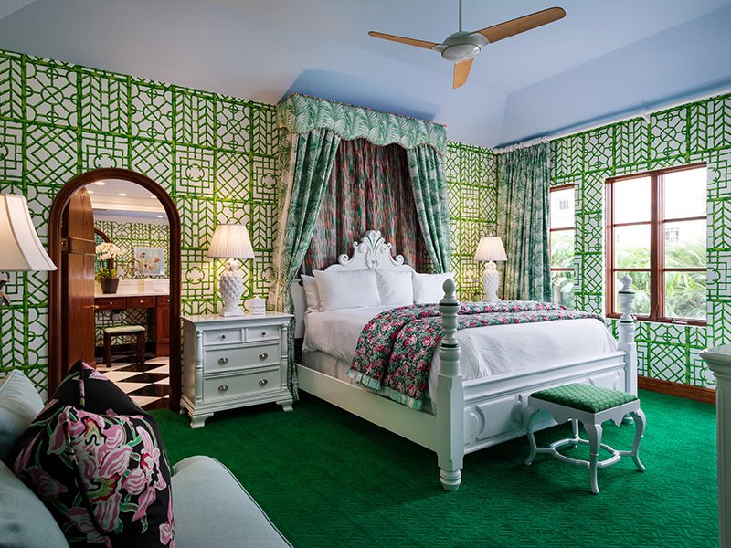 Palm Beach’s Colony Hotel, opened in 1947, offers a colorful and quirky take on colonial style, from its flamingo-pink exterior to bedrooms and suites decked out in cheerful floral prints with a distinctly Floridian flavor.
