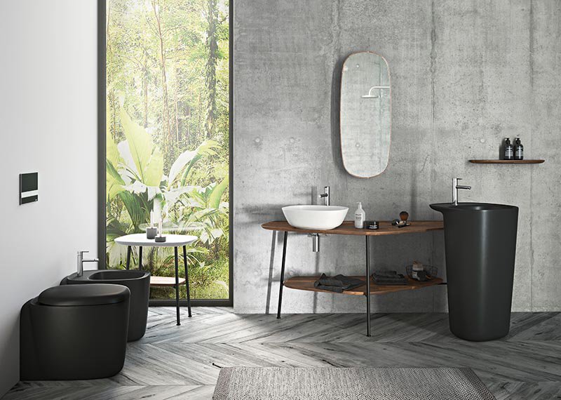 Vitra has collaborated with designer Terri Pecora to create bathroom furnishings that can be organized in myriad combinations, encouraging a reimagining of how to use the space.