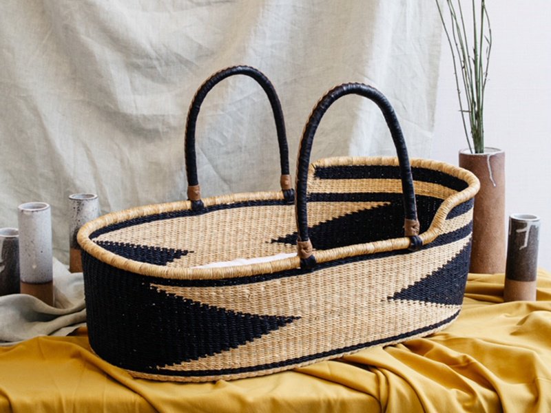 Woven from elephant grass, and colored with non-toxic dyes, each Moses basket from The Wanderer comes with a custom-made mattress for a newborn, and can be reused as a functional design piece as the baby outgrows it.