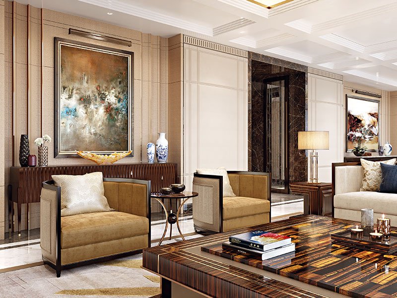 A close-up of the reception area in an ultra-luxury apartment in Beijing, China reveals a rich, layered and modern interpretation of classic proportions and details.  Photo: Residential HBA