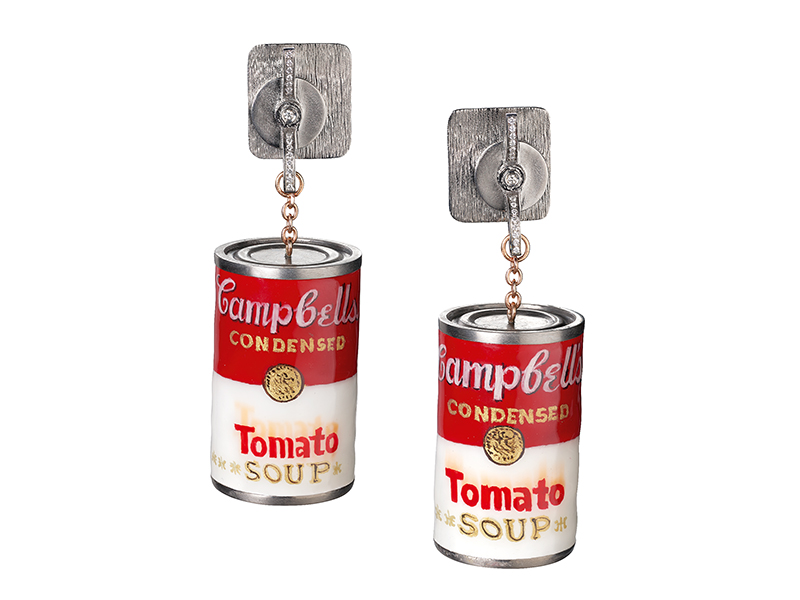 Suzanne Syz’s Warhol earrings in the shape of Campbell’s soup cans