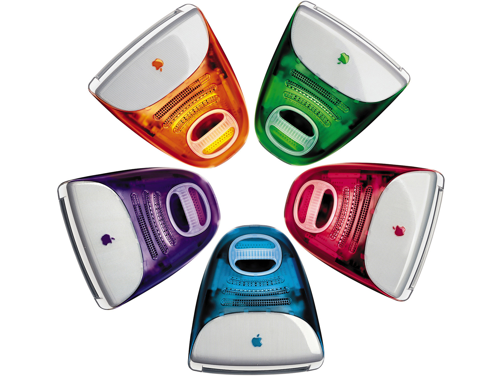 Five brightly colored iMac G3s