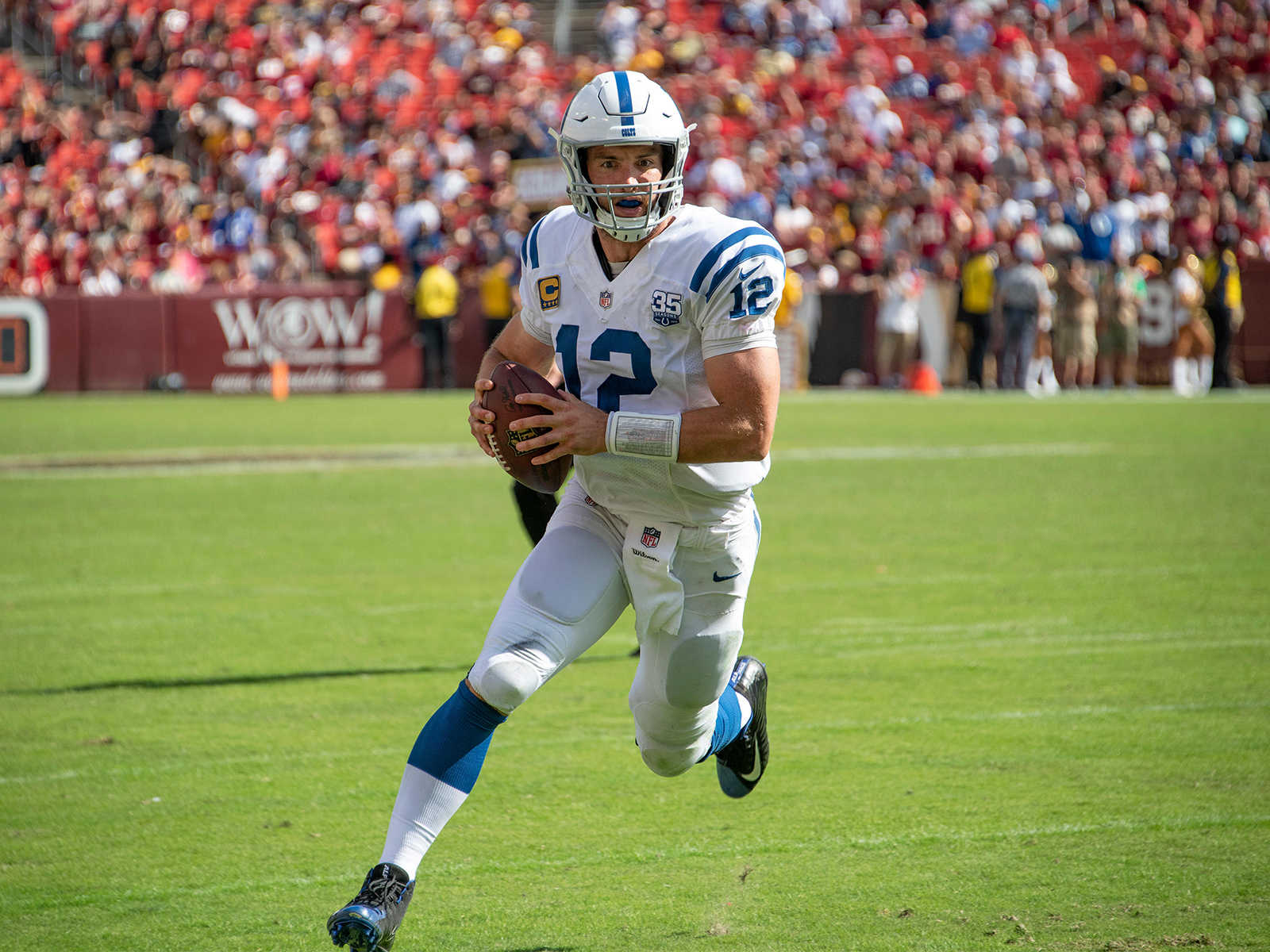 Quarterback Andrew Luck carries the ball in the fourth quarter against the Washington Redskins in Maryland in 2018