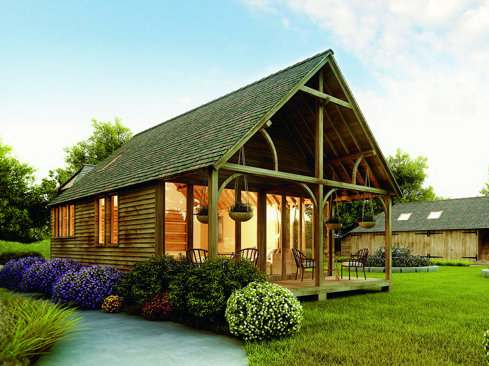 CGI image of wooden cabin from the outside