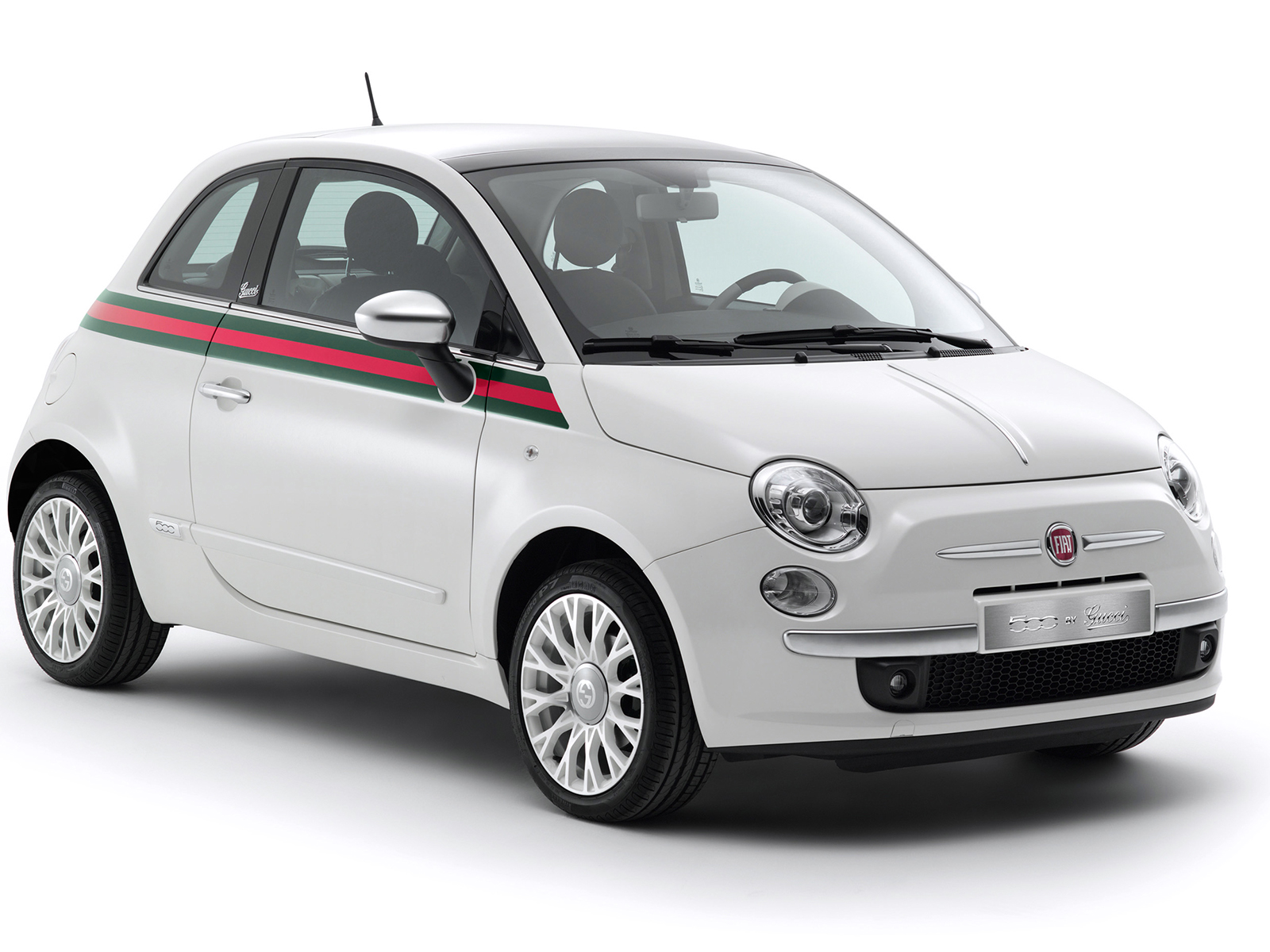 White Fiat 500 with Gucci green and red stripes on the bodyside of the car