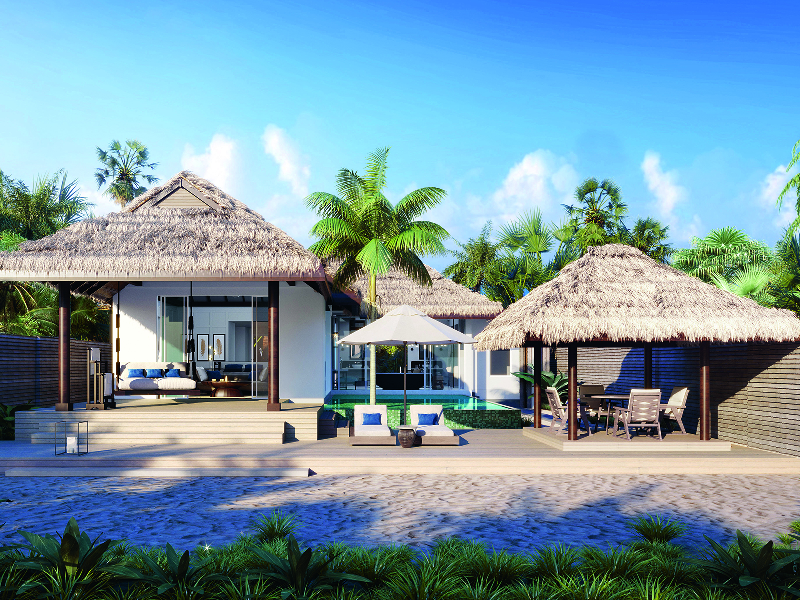 Beach front accommodation set within palm trees, Maldives