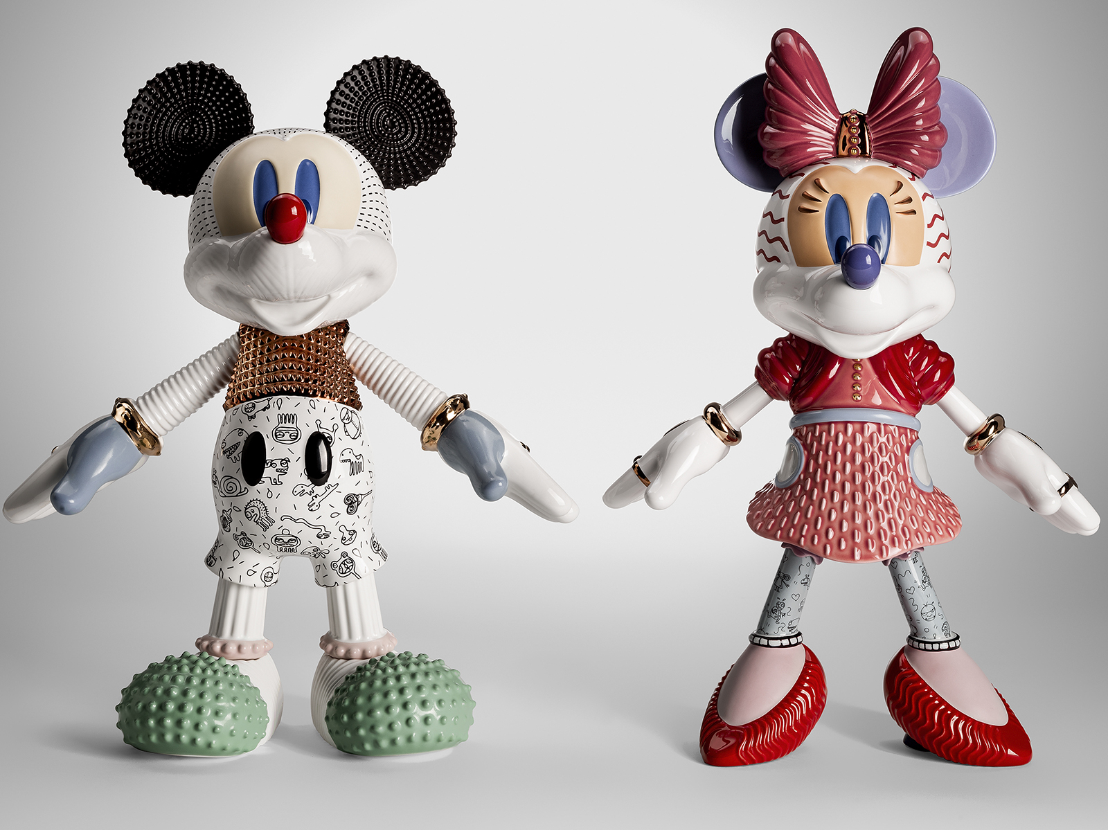 Ceramic figurines of Mickey and Minnie Mouse in street style fashion and bright color
