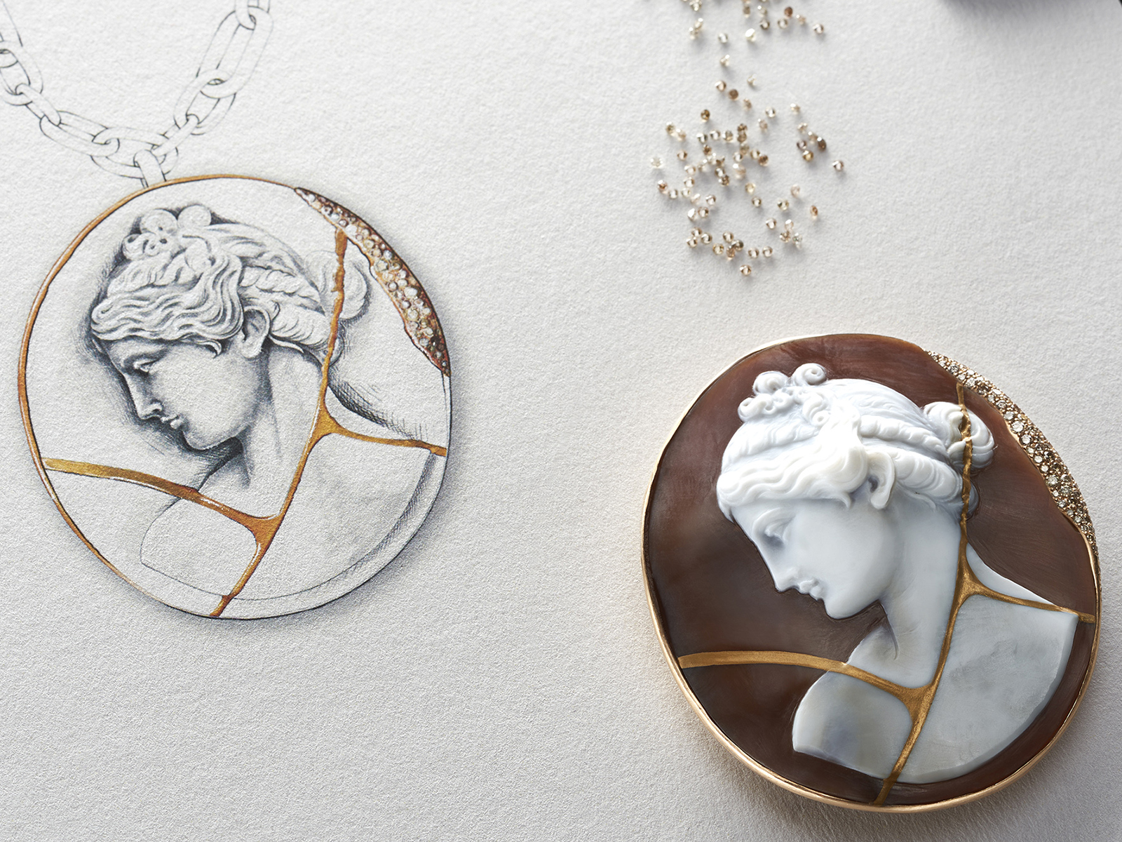 Sketch and cameo brooch being planned and created