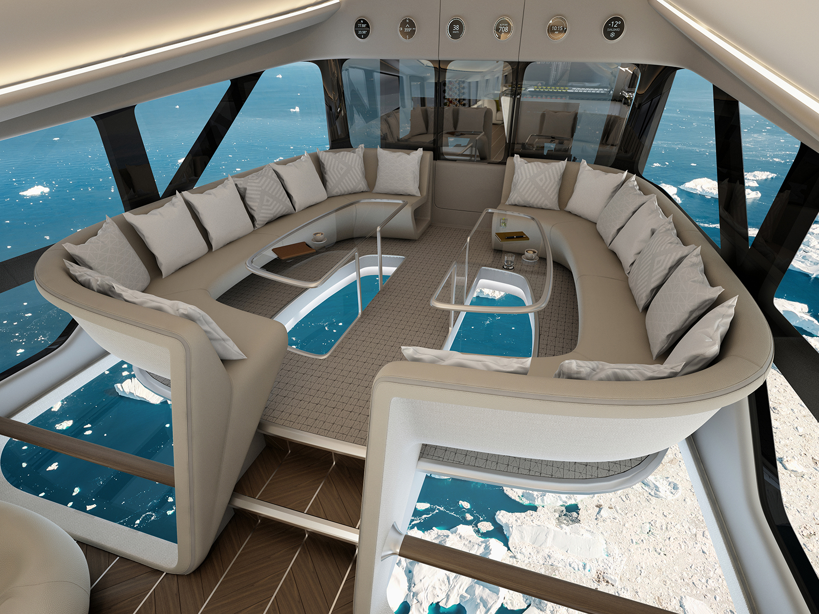 Luxurious circular seating on board the Airlander 10 with panoramic views