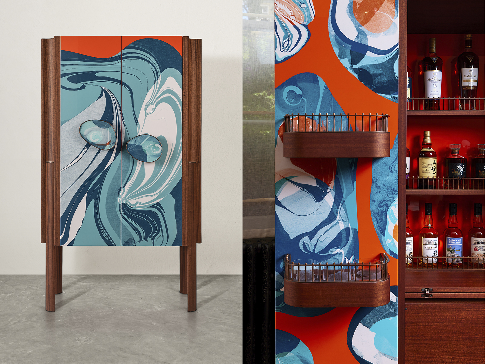 Two images of the Mayhane cabinet featuring blue and orange color