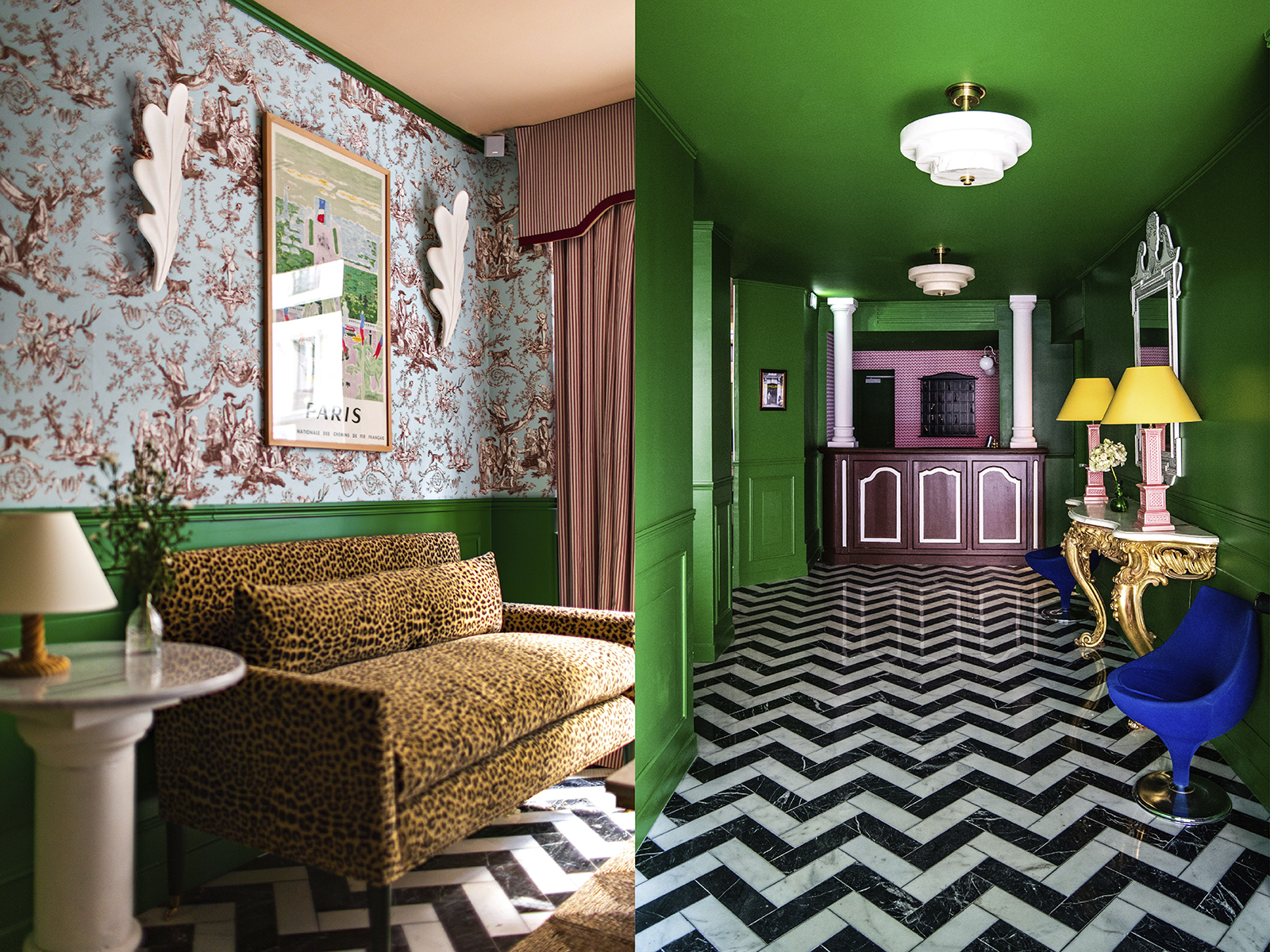 Two images showing a lounge area with patterned wallpaper and the reception desk with walls and ceiling painted in green with a black and white tiled floor