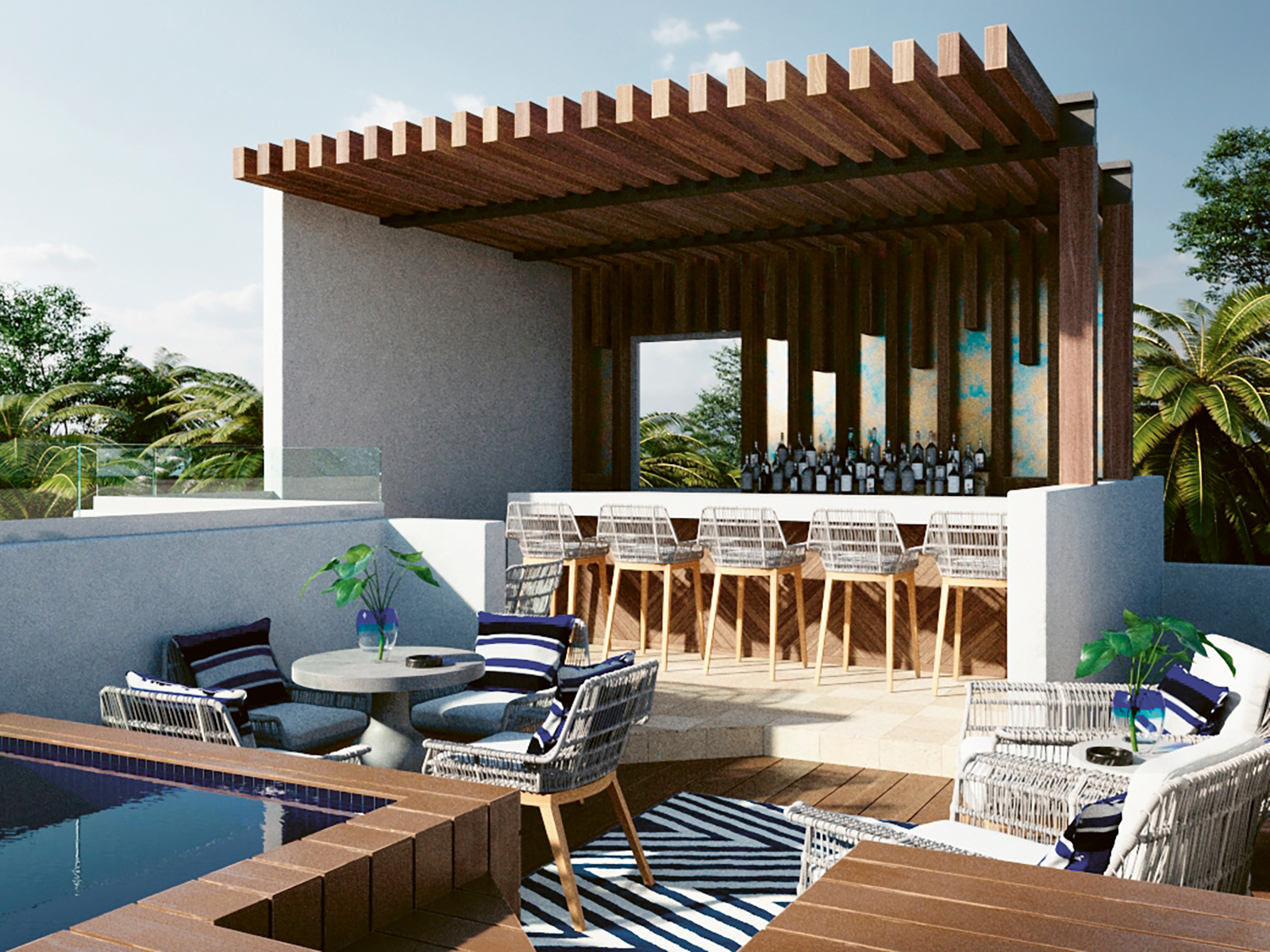 Roof-top wood and white bar with seating and plunge pool